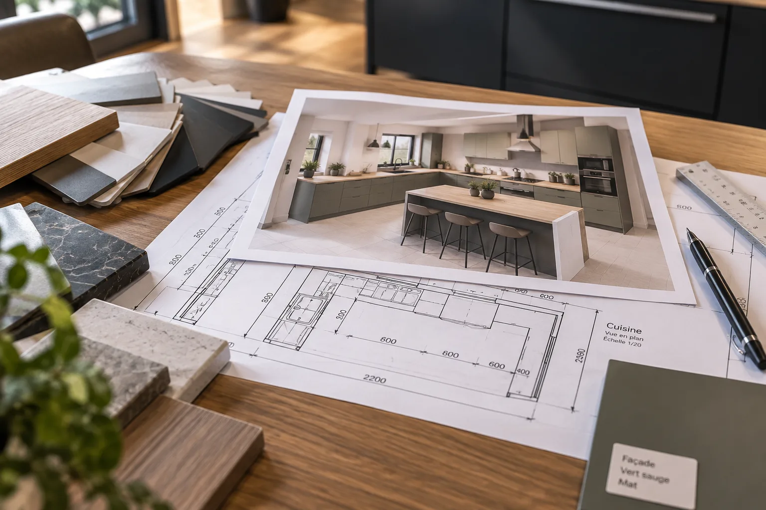 Plan 3D posé sur un plan de travail, avec des échantillons de façades